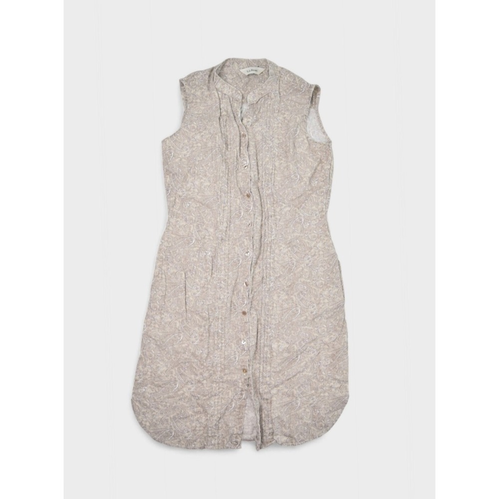LL Bean Womens 4 Linen Paisley Sleeveless Button Up Pleated Pintuck Dress Beige
